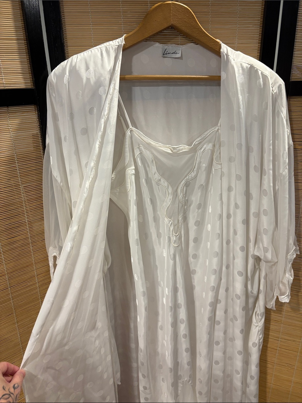 Vintage White Polka Dot Satin Robe and Slip Set